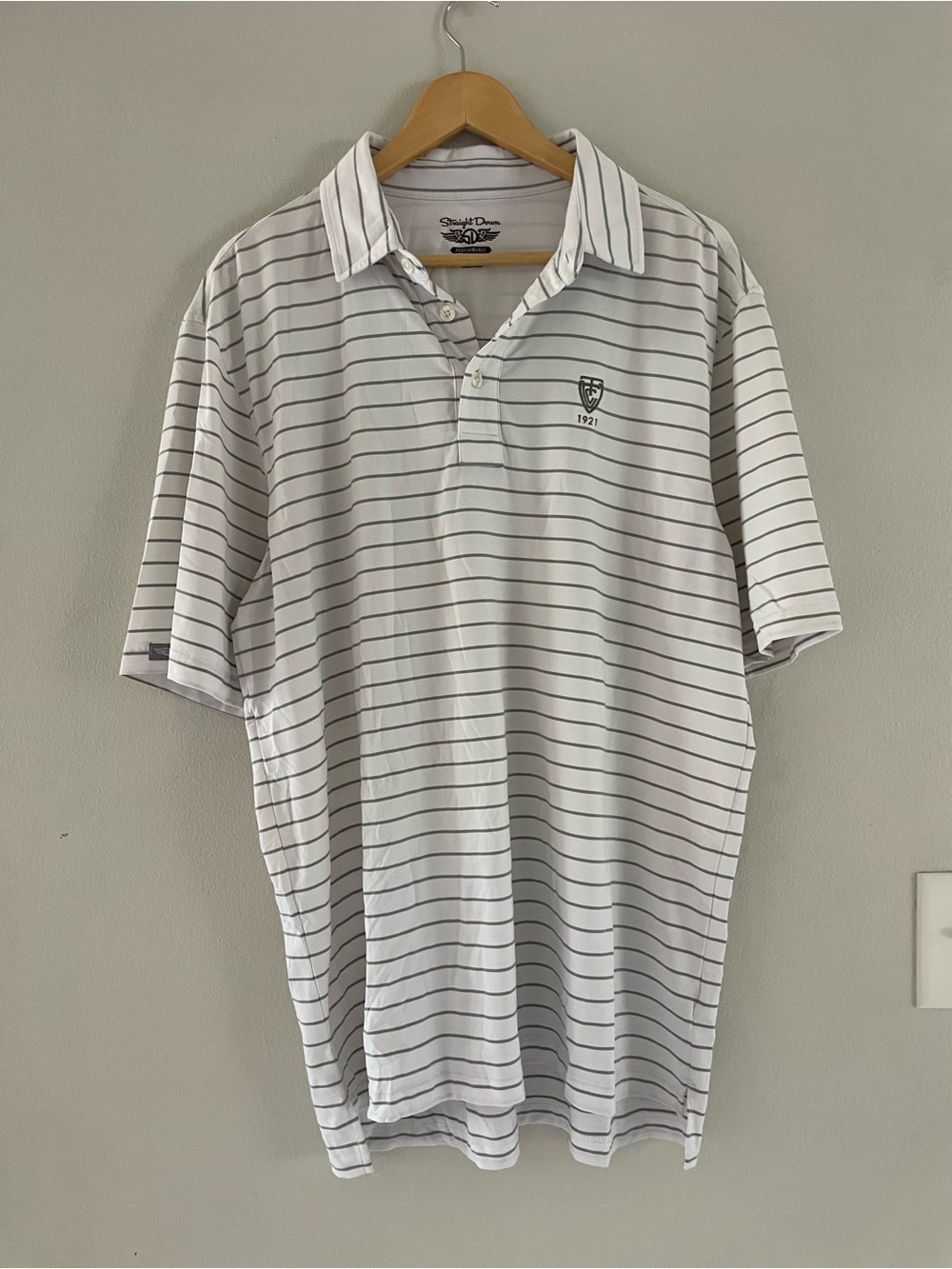Mens Straight Down White and Gray Striped Polo Shirt
